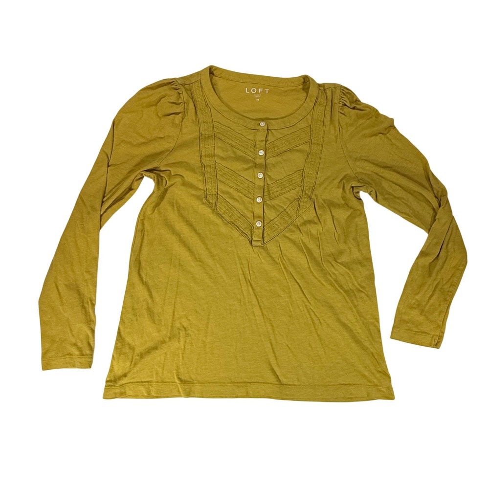 Loft Henley Top Womens Medium Mustard Yellow Gold Embroidered Puff Sleeve Blouse